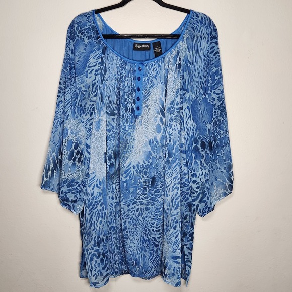 Maggie Barnes Tops - Maggie Barnes Womens 0X 14/16 Blue Abstract Print Sheer Lined Top Coastal Beachy